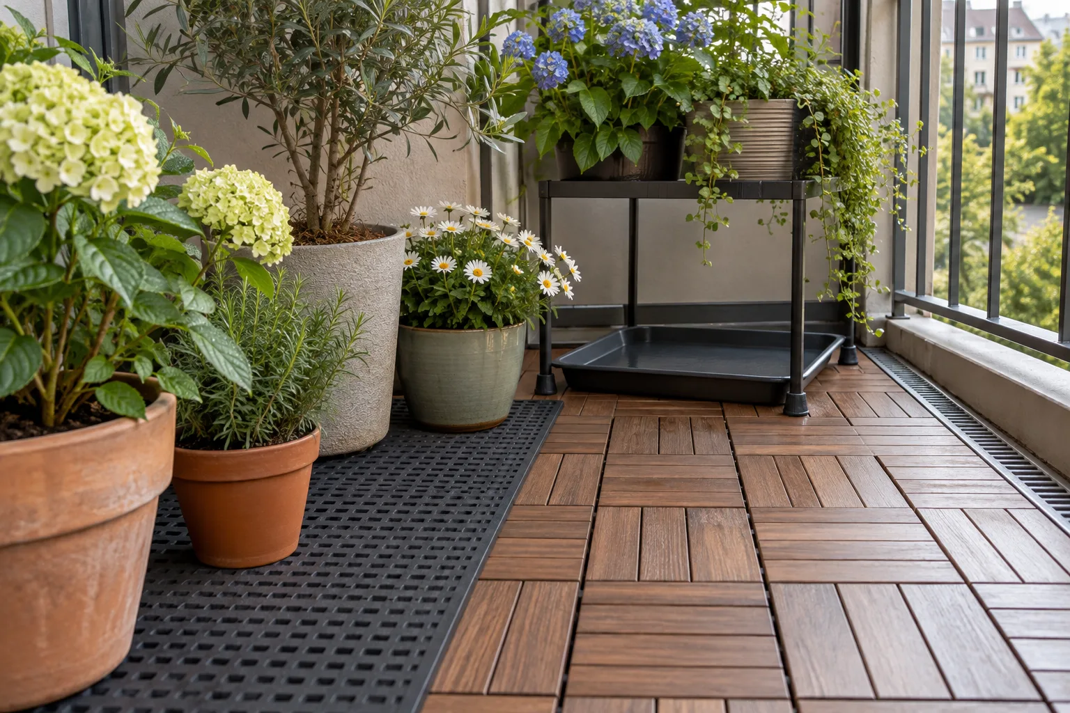Interlocking wood deck tiles and a catch tray under a plant stand protecting a balcony floor