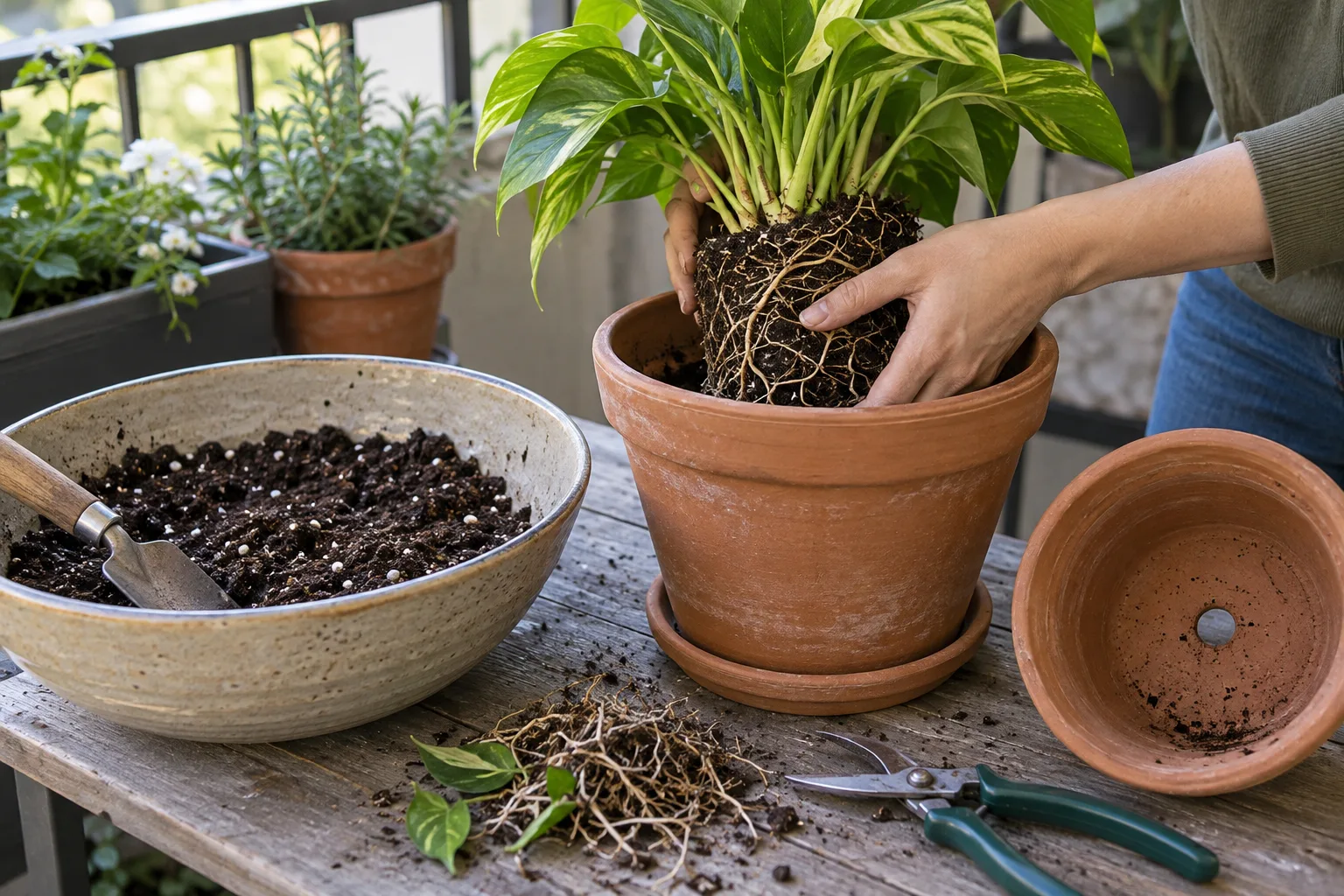 Repotting a plant into fresh potting mix after trimming away rotted roots
