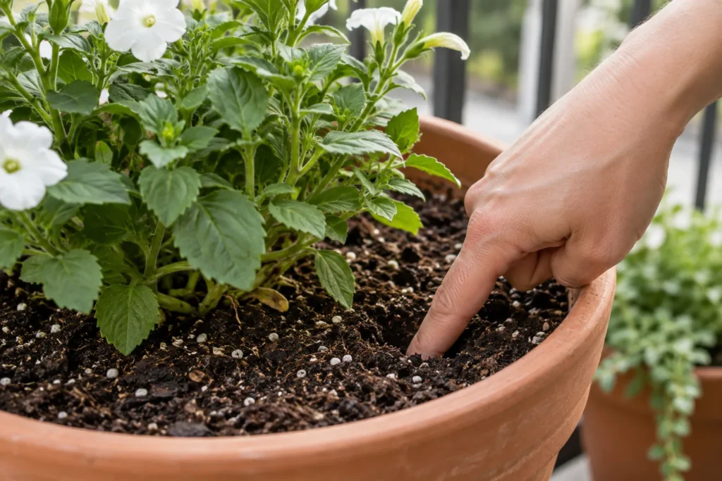 Checking soil moisture by pushing a finger into the potting mix instead of following a fixed schedule