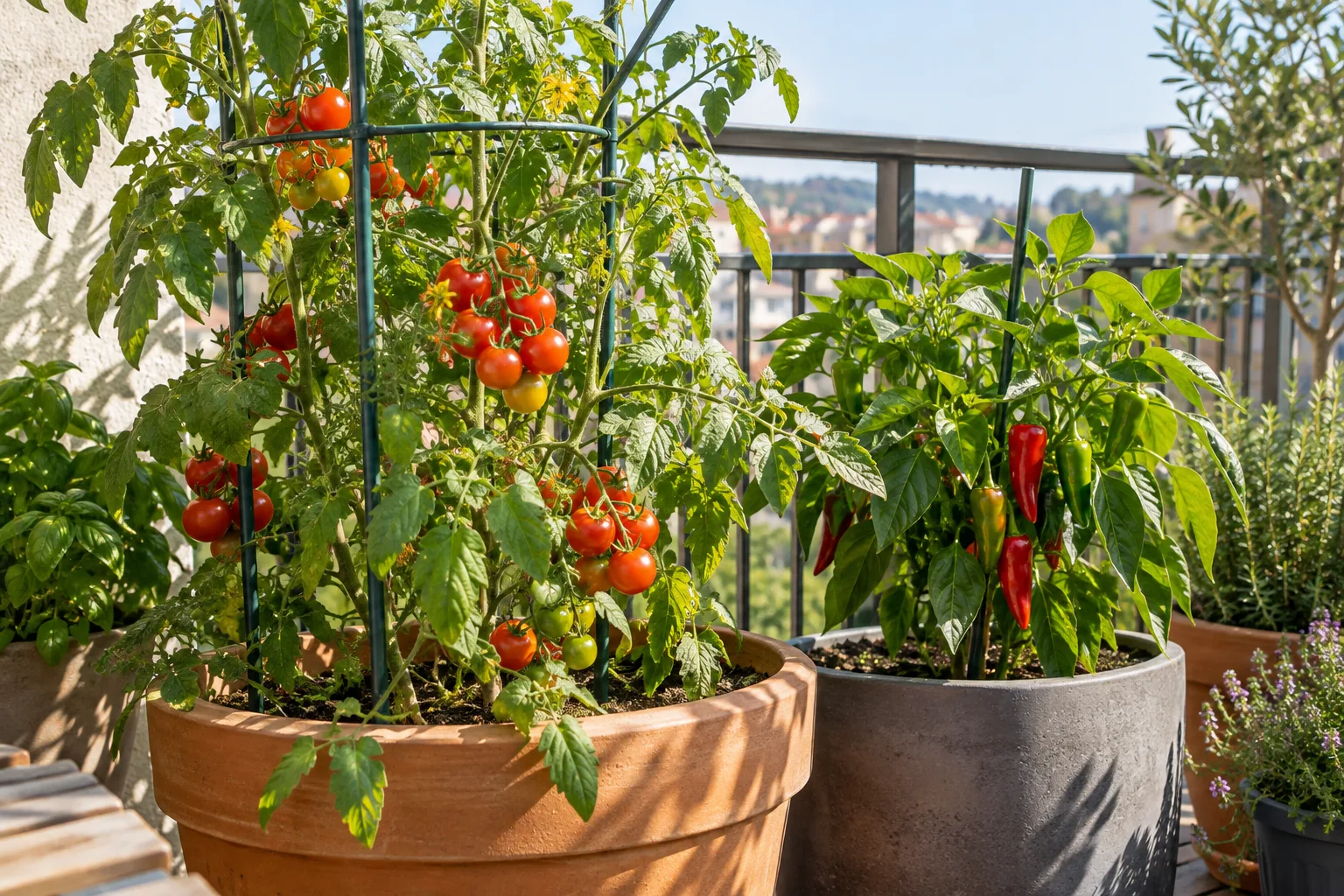 A cherry tomato and pepper plant fruiting side by side in balcony containers