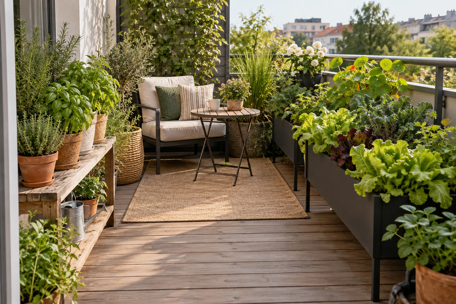 A small balcony garden with distinct plant, seating, and walkway zones
