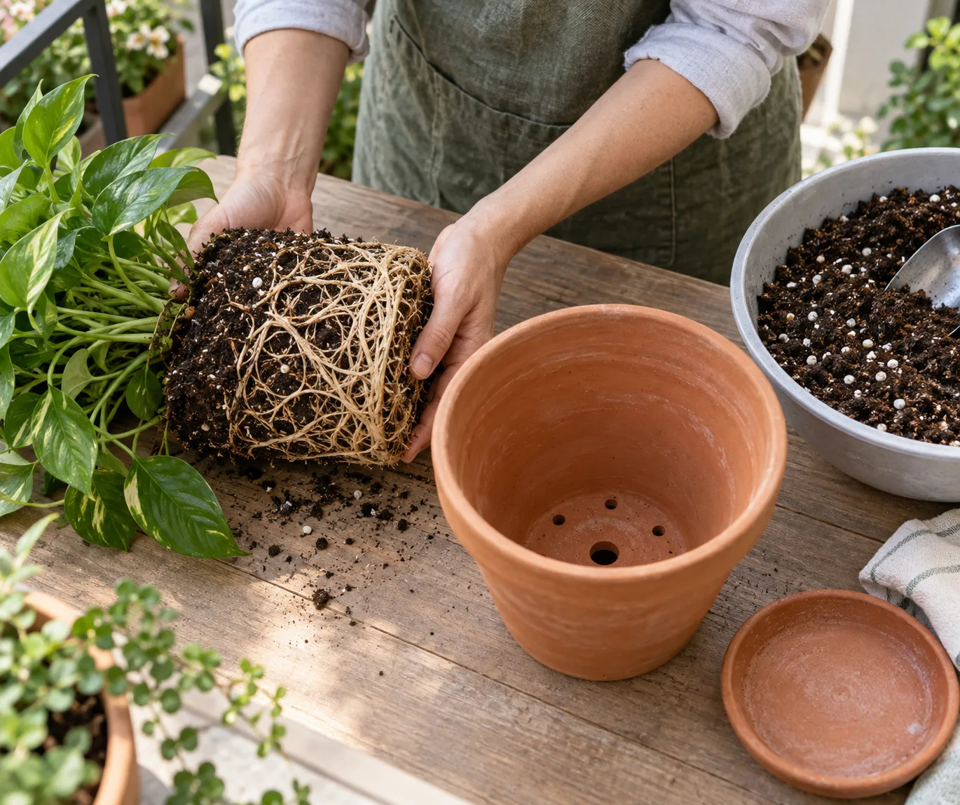 Checking a balcony plant's root ball and drainage holes before repotting