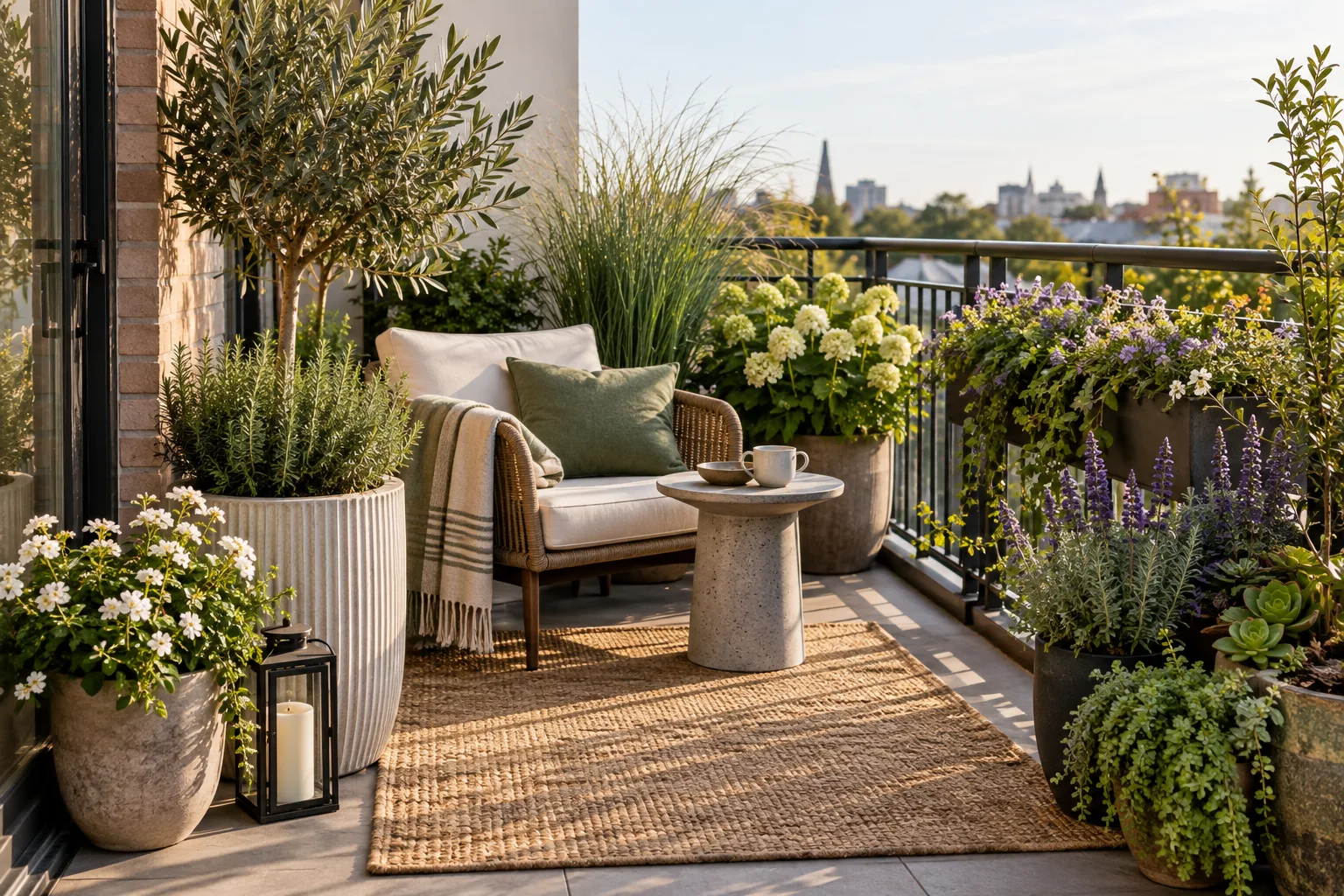 A balcony garden grouped into distinct planting zones with a seating area left open