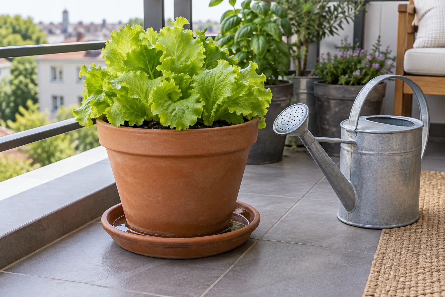 A terracotta pot's drainage hole letting water flow into a saucer beneath it