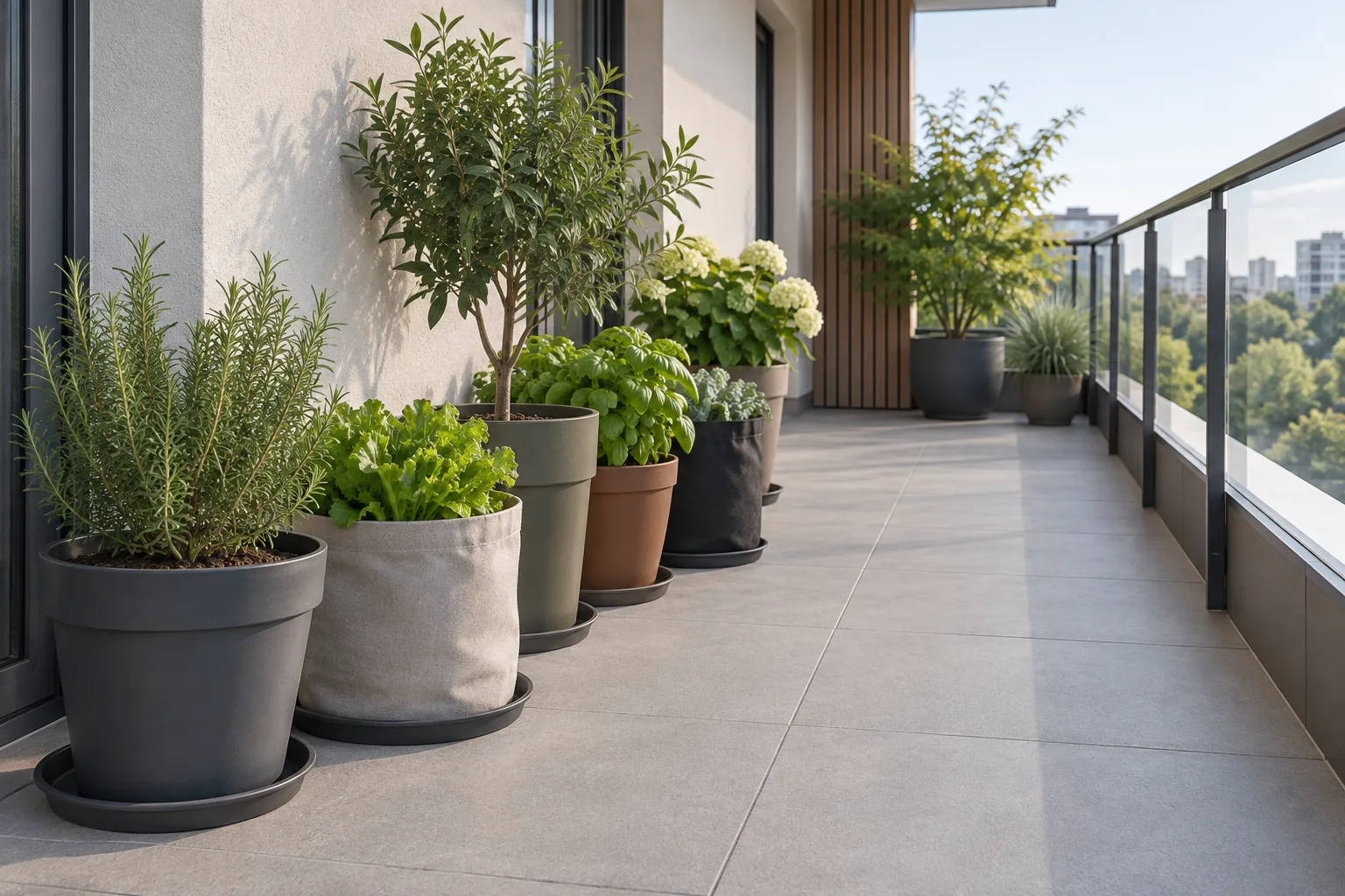 Terracotta planter boxes placed near the building wall on a balcony