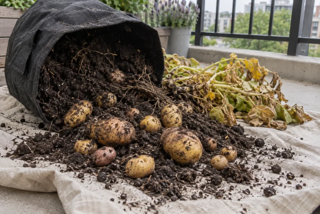 Fresh potatoes and soil tipped from a fabric grow bag onto a balcony tarp