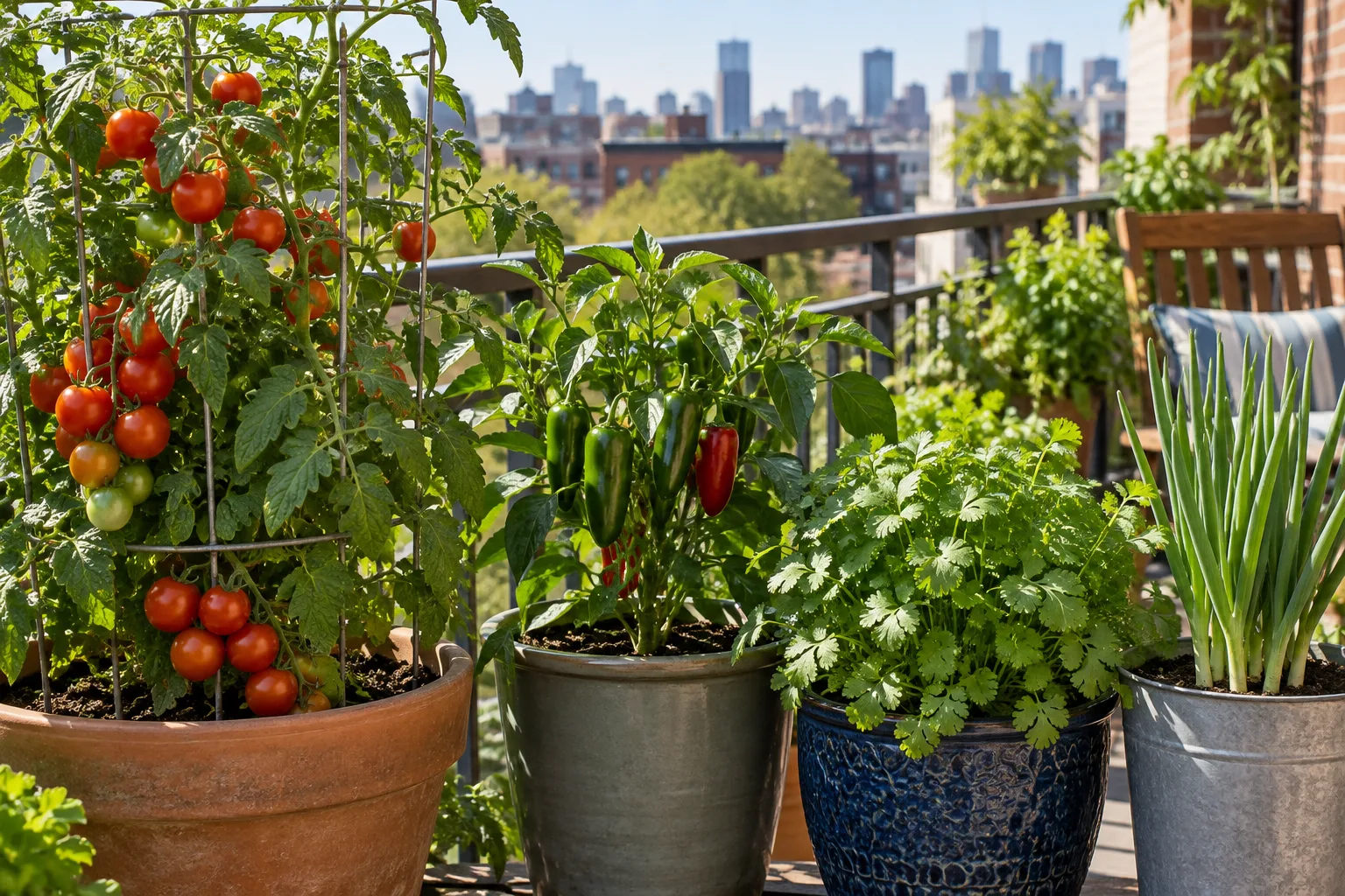 A balcony salsa garden with tomato, pepper, cilantro, and green onion plants against a city skyline