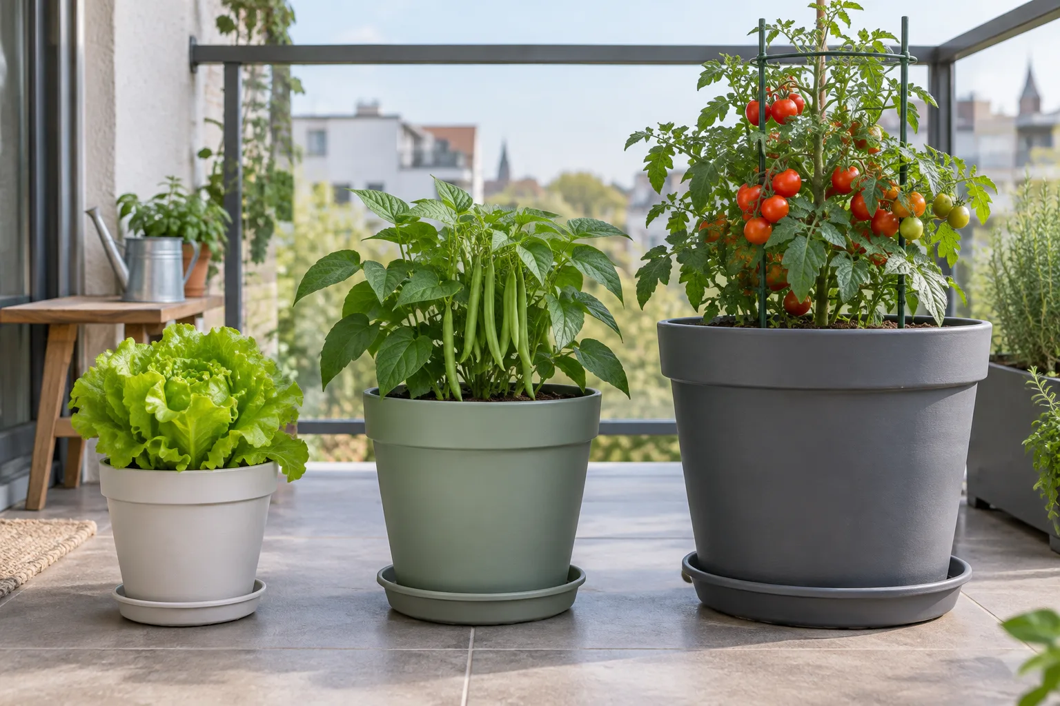 Lettuce, beans, and tomato growing in appropriately sized pots from small to large