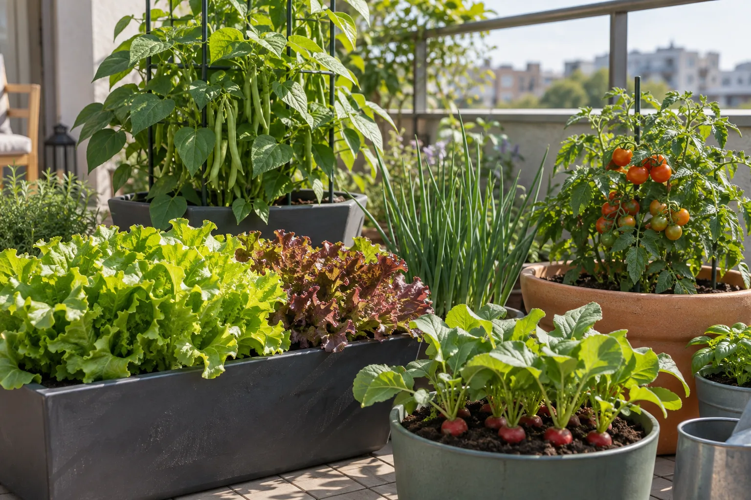 Lettuce, bush beans, and a cherry tomato growing in three balcony containers