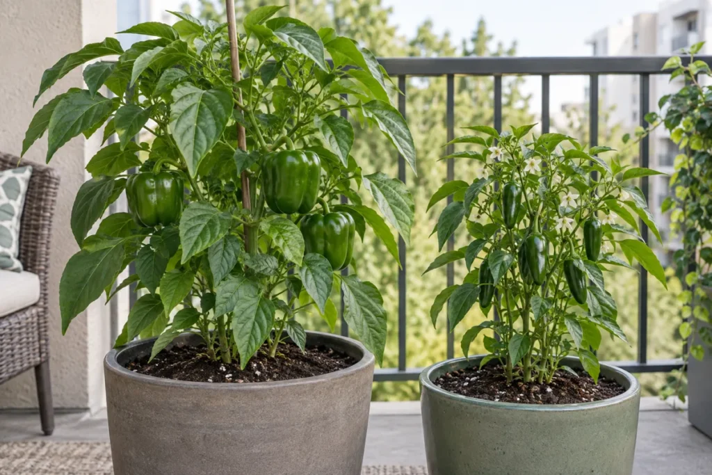 A bell pepper plant and a compact jalapeño plant growing side by side in balcony containers