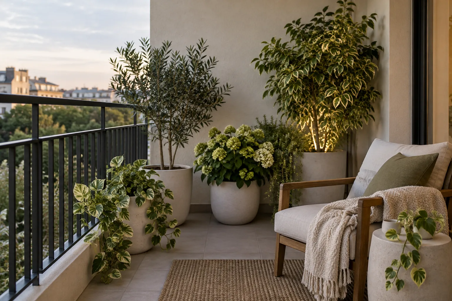 Pale-colored pots and bright foliage used to brighten a shaded balcony corner
