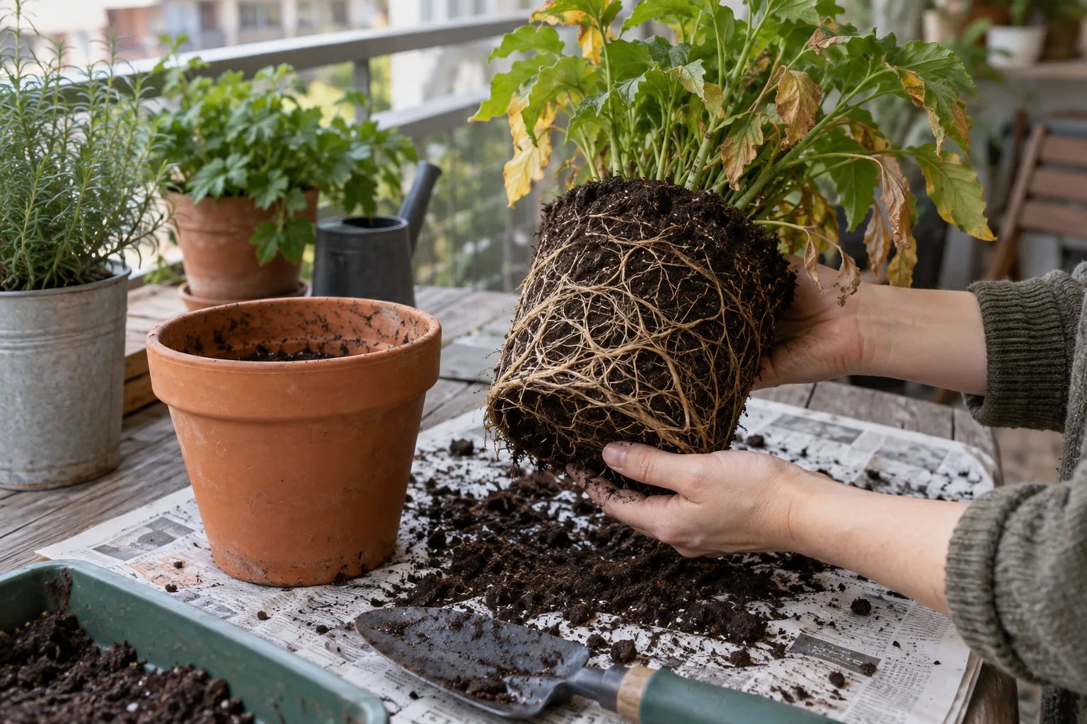 Checking a balcony plant's root ball for rot or root-bound growth before repotting