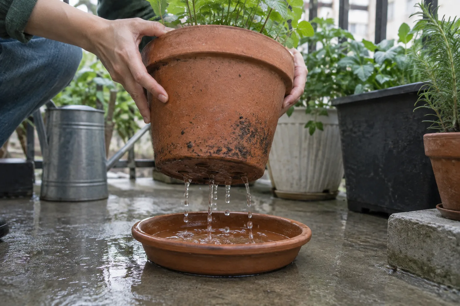 Checking that water drains freely from a DIY balcony planter into a saucer below