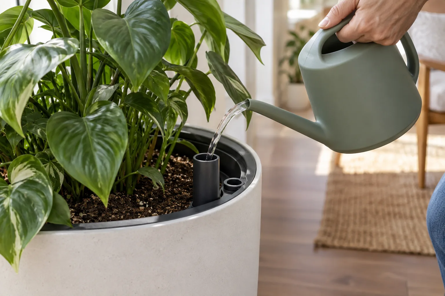 Filling a self-watering planter's reservoir through the fill tube on a balcony