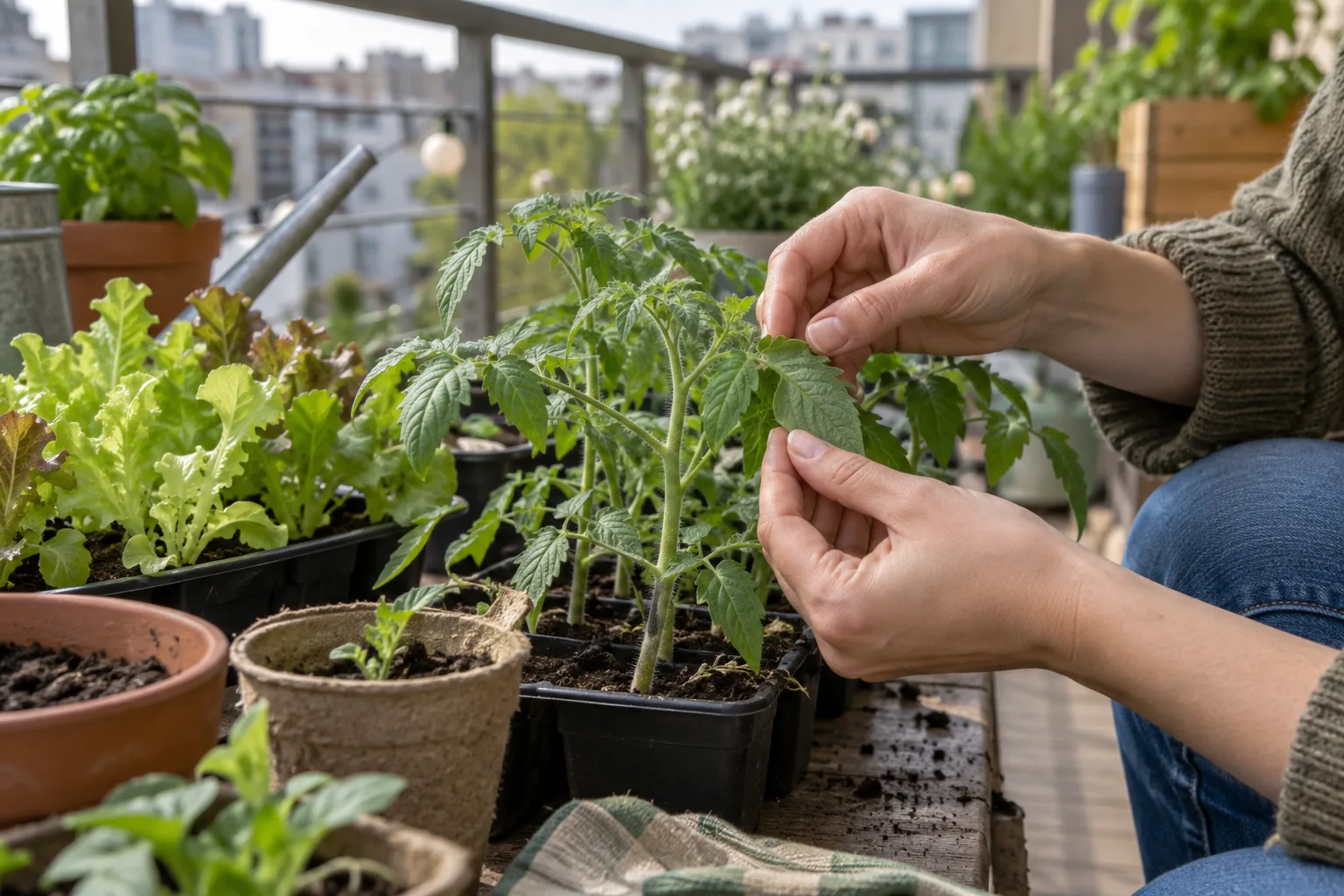 Checking tomato seedlings for pests before planting them in balcony containers