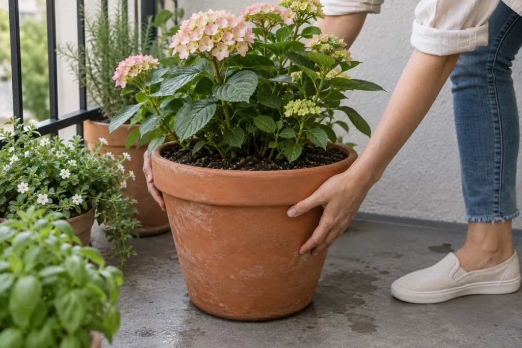 Lifting a large, freshly watered container to reposition it on a balcony
