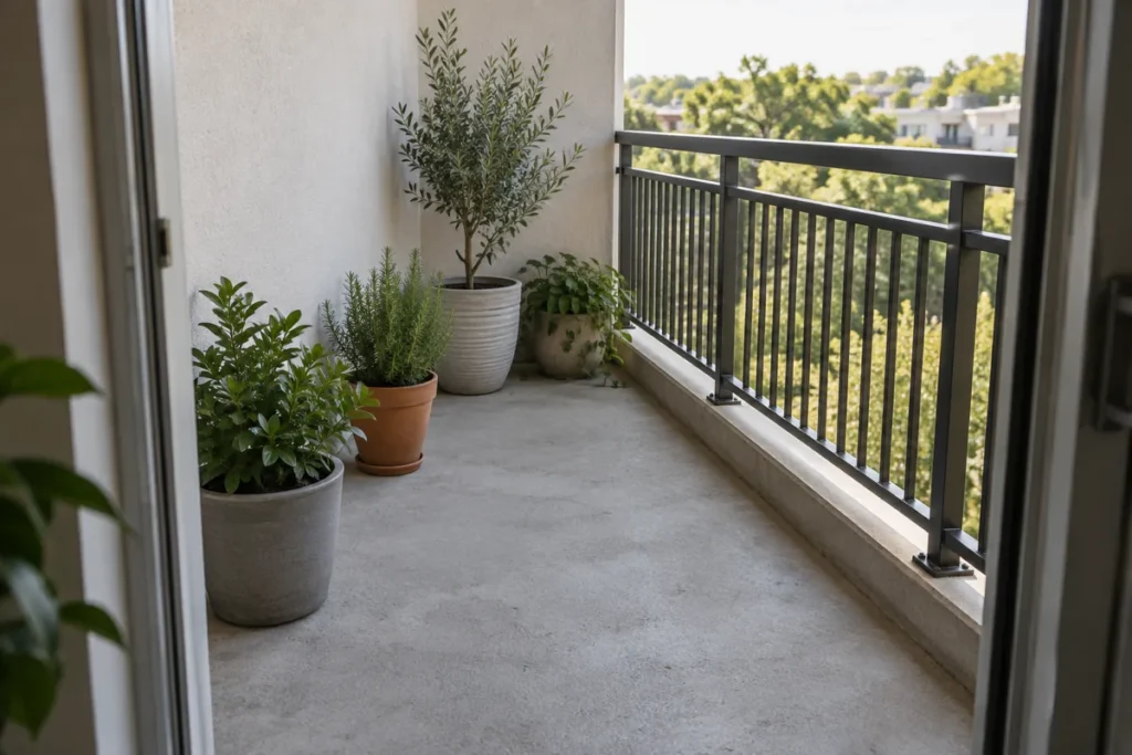 Balcony containers placed near the wall instead of the open railing to distribute weight safely