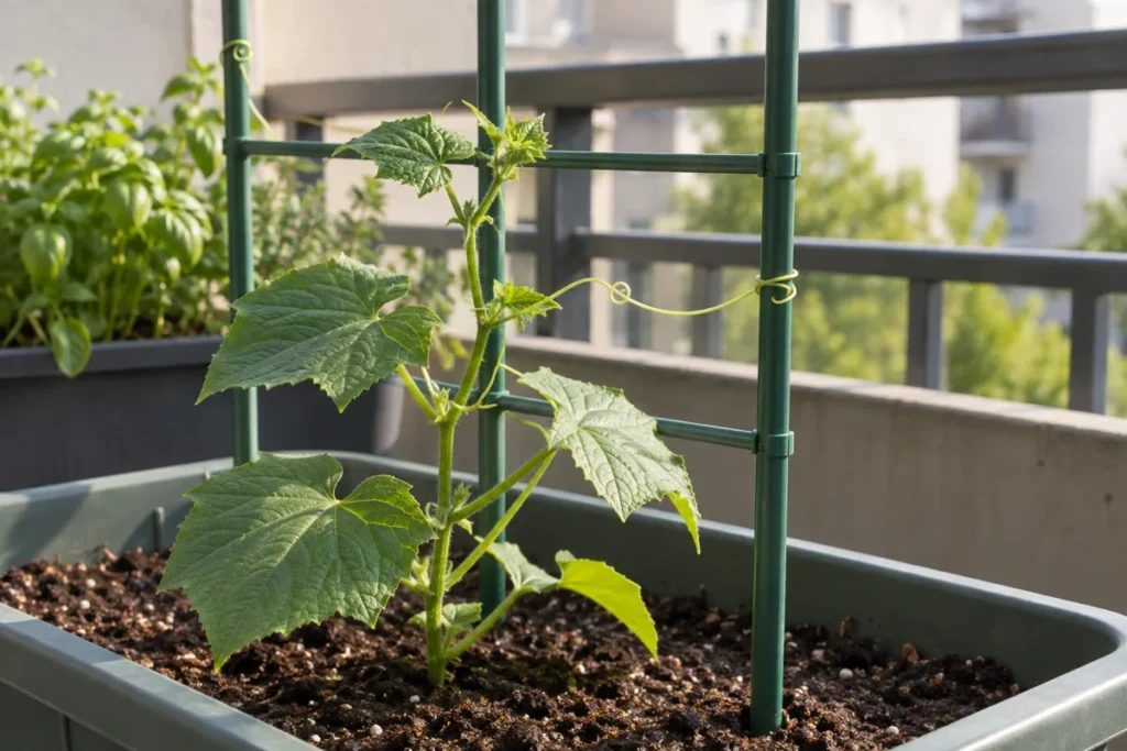 A young cucumber plant beginning to climb a trellis set up in its balcony container