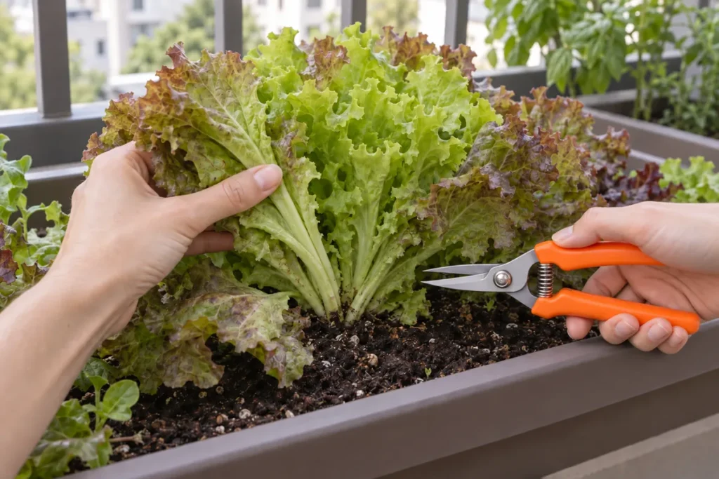 Using professional garden snips to harvest lettuce leaves just above the base for regrowth
