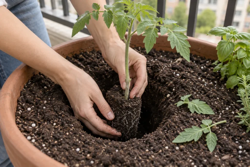 Planting a tomato transplant deep in a balcony container, burying part of the stem to grow extra roots