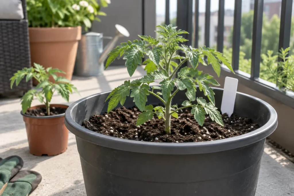 A compact determinate tomato seedling ready to plant in a balcony container