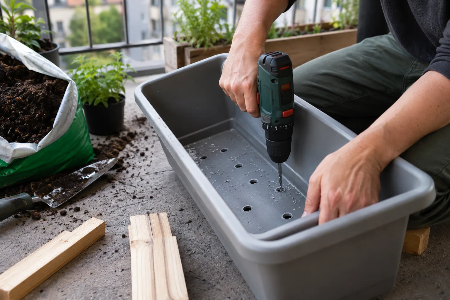 Drilling drainage holes into the bottom of a repurposed plastic storage bin for a balcony planter