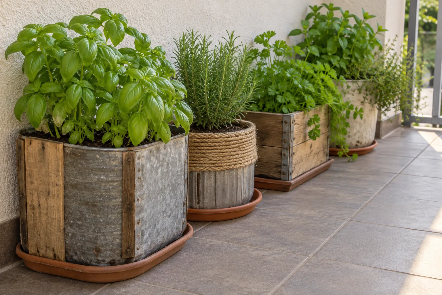 A row of finished upcycled planters made from wood, metal, and rope holding balcony herbs
