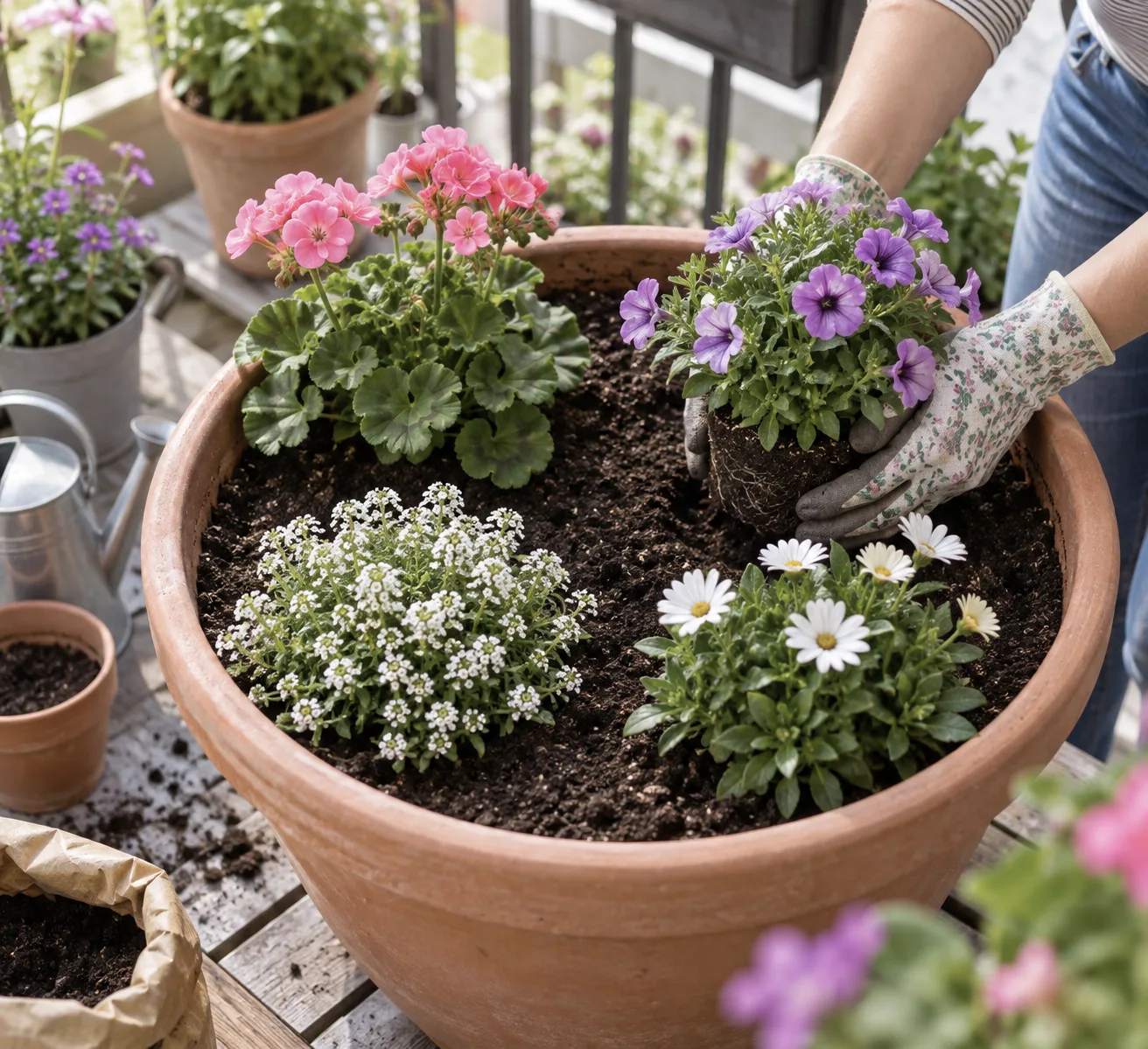 Planting several compatible flowering plants with room to grow in one large balcony container