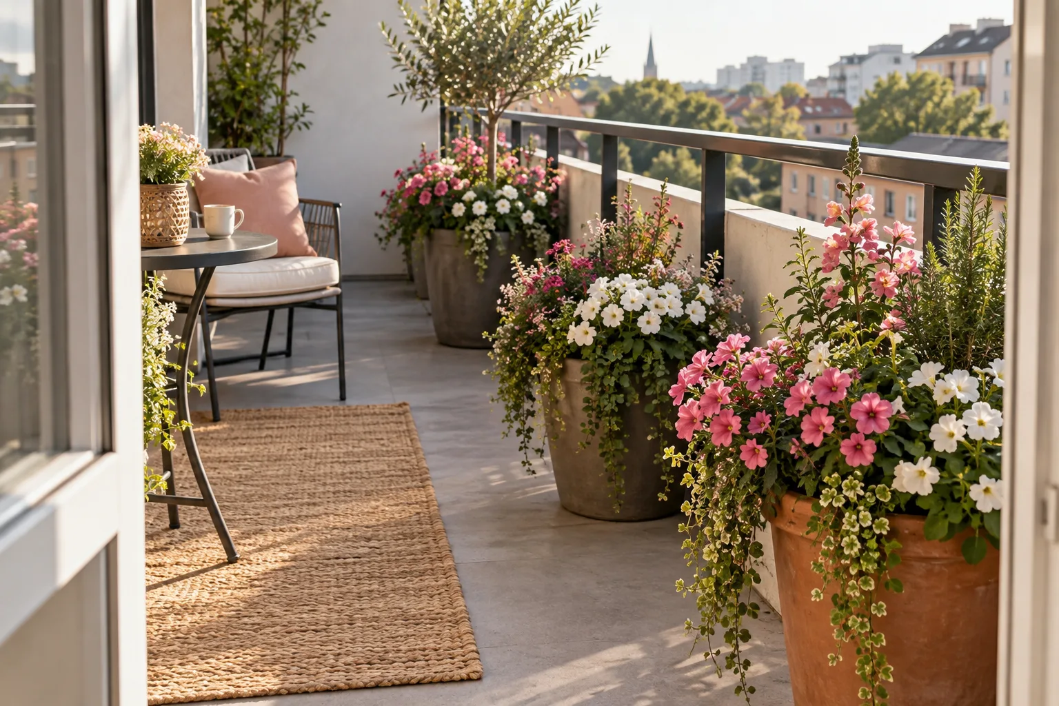 A balcony railing lined with containers repeating the same pink and white flower palette