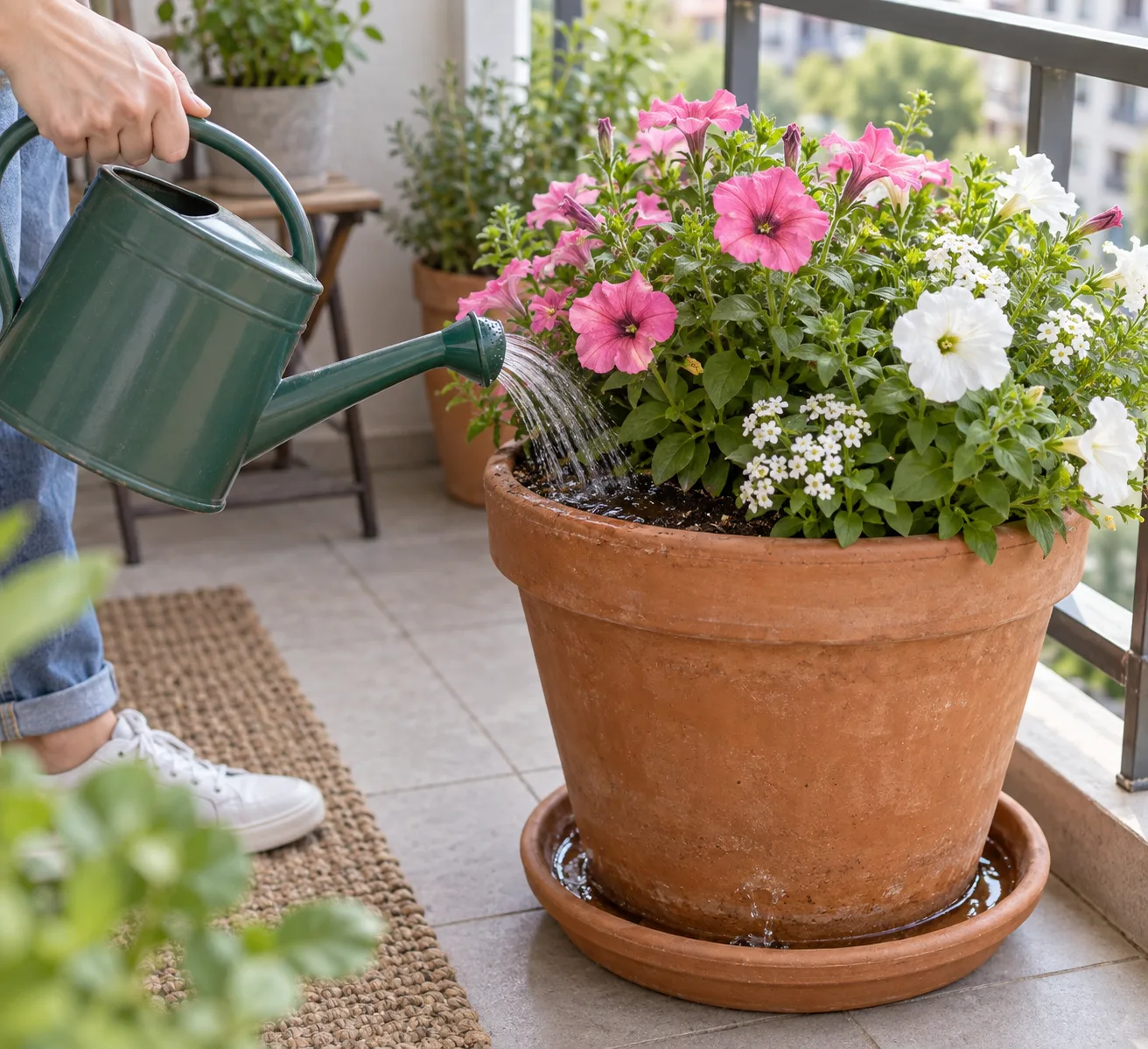 Watering a flowering balcony container until water drains into the saucer beneath it
