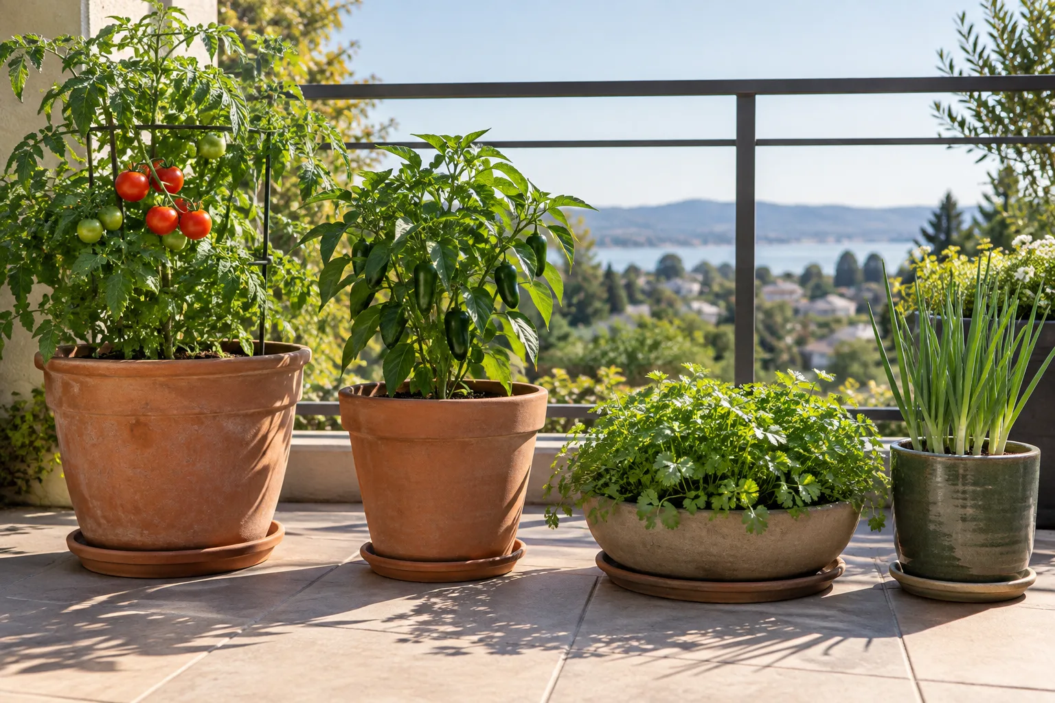 Four separate balcony containers for a salsa garden: tomato, pepper, cilantro, and green onions