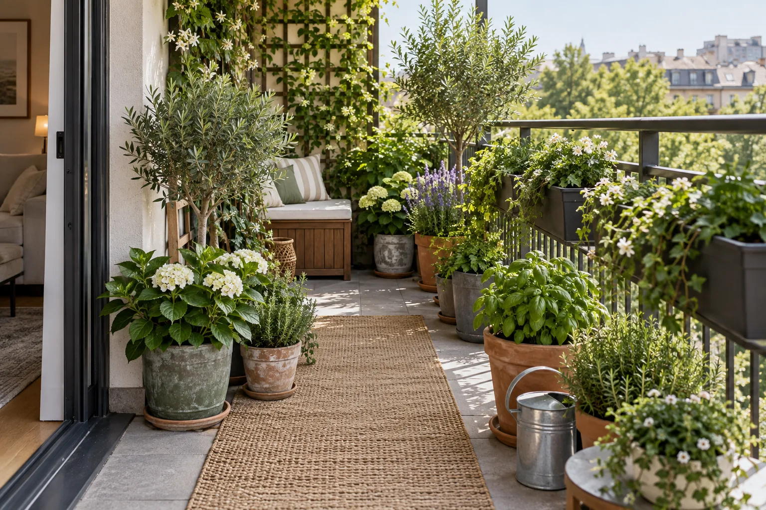 A full but uncrowded balcony garden with layered plants, a bench, and a clear walkway
