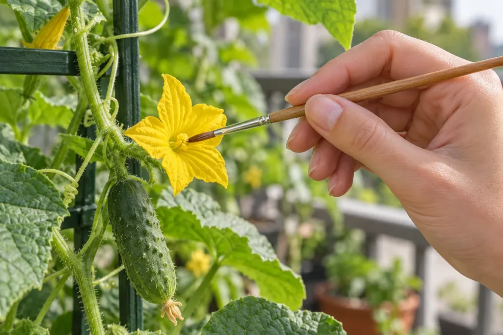 Using a small paintbrush to hand-pollinate a cucumber flower on a balcony