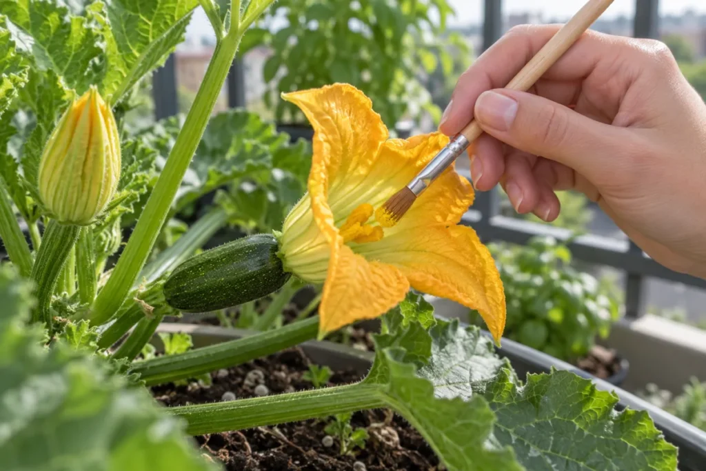 Using a small paintbrush to hand-pollinate a zucchini flower on a balcony