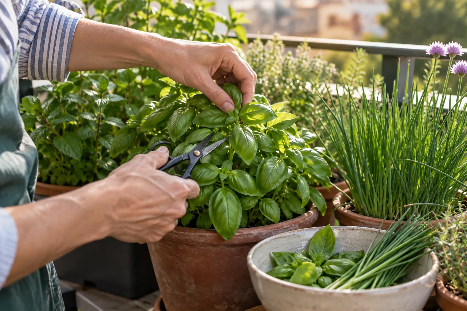Snipping fresh basil leaves from a balcony herb pot into a bowl with chives