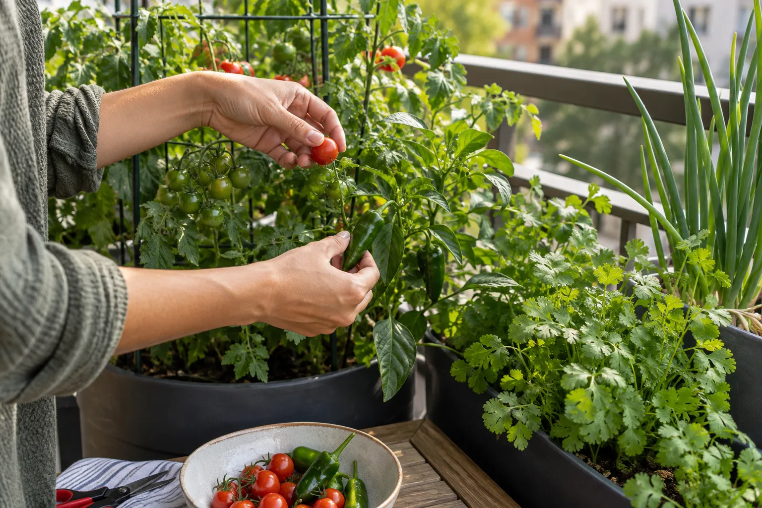 Harvesting ripe cherry tomatoes and peppers from a balcony salsa garden into a bowl