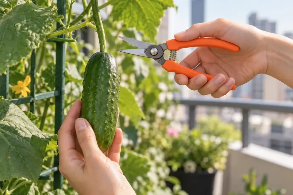 Harvesting a firm, appropriately sized cucumber from a balcony container garden