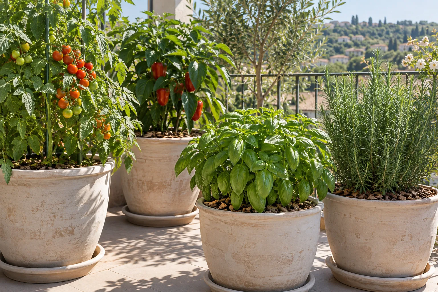 Heat-tolerant tomatoes, peppers, basil, and rosemary growing in pale containers on a sunny balcony
