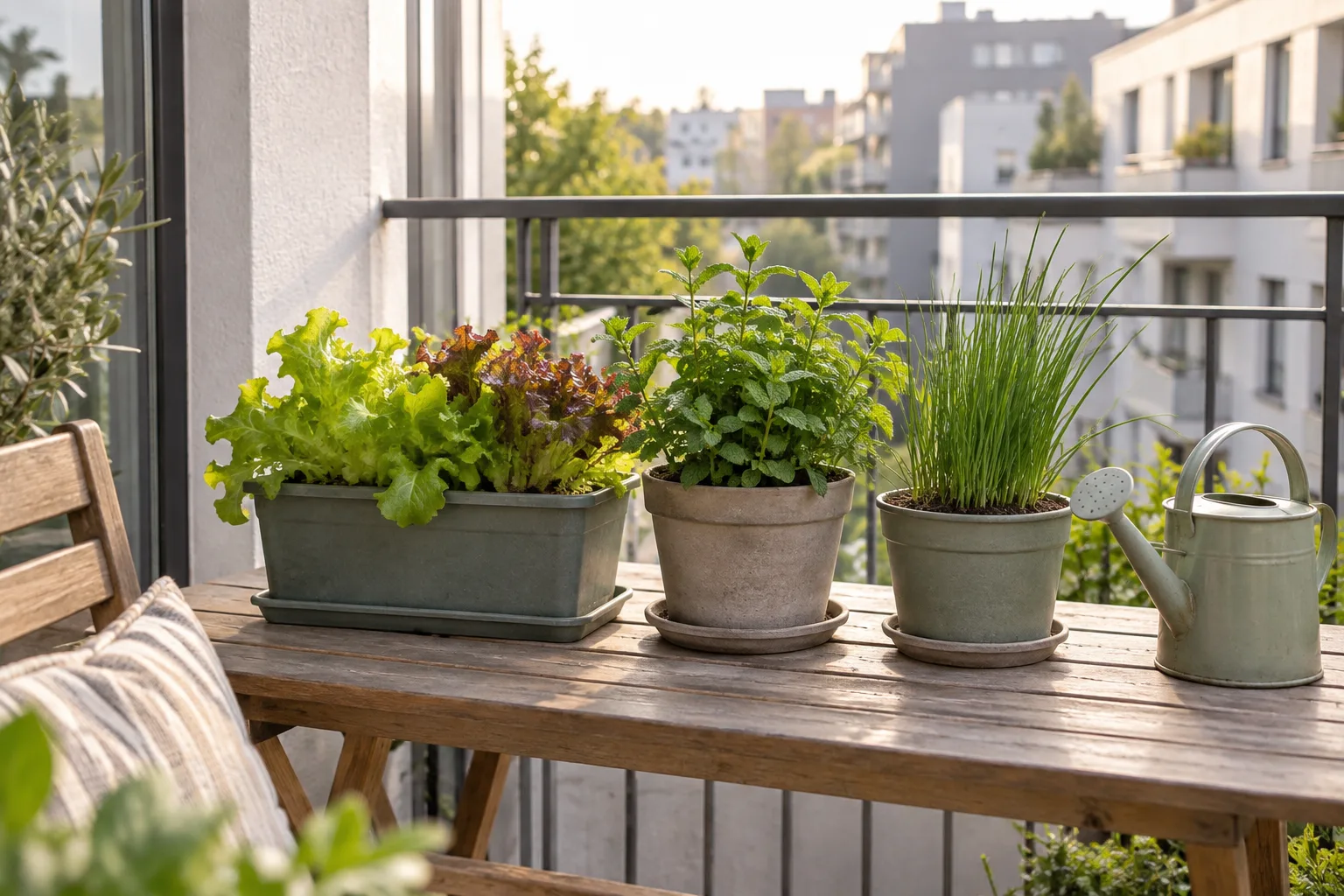 A beginner balcony garden with potted herbs, an olive tree, and containers along the wall
