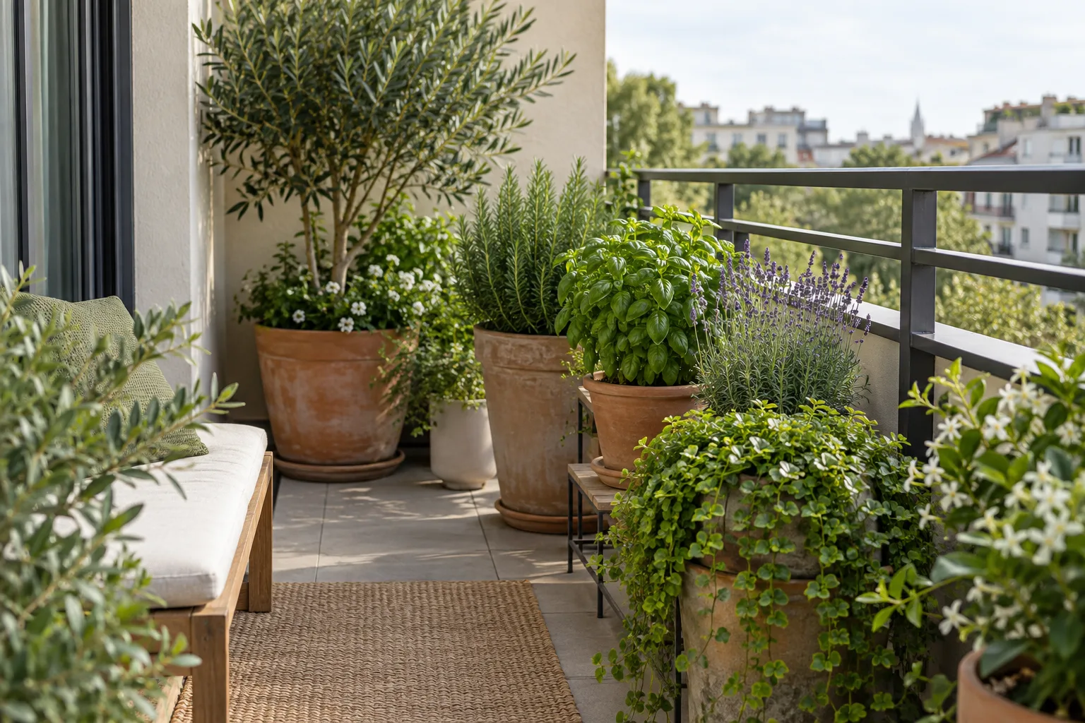 A layered balcony planting with tall, middle, and low plants along the railing and wall