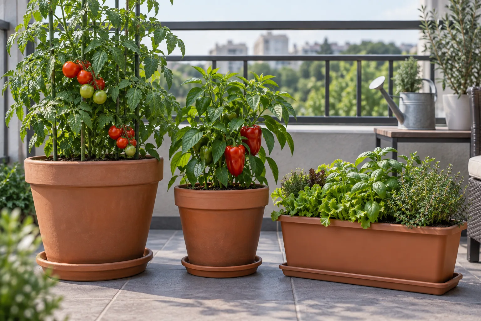 Three balcony containers sized to match a tomato, a pepper, and a mixed herb planting