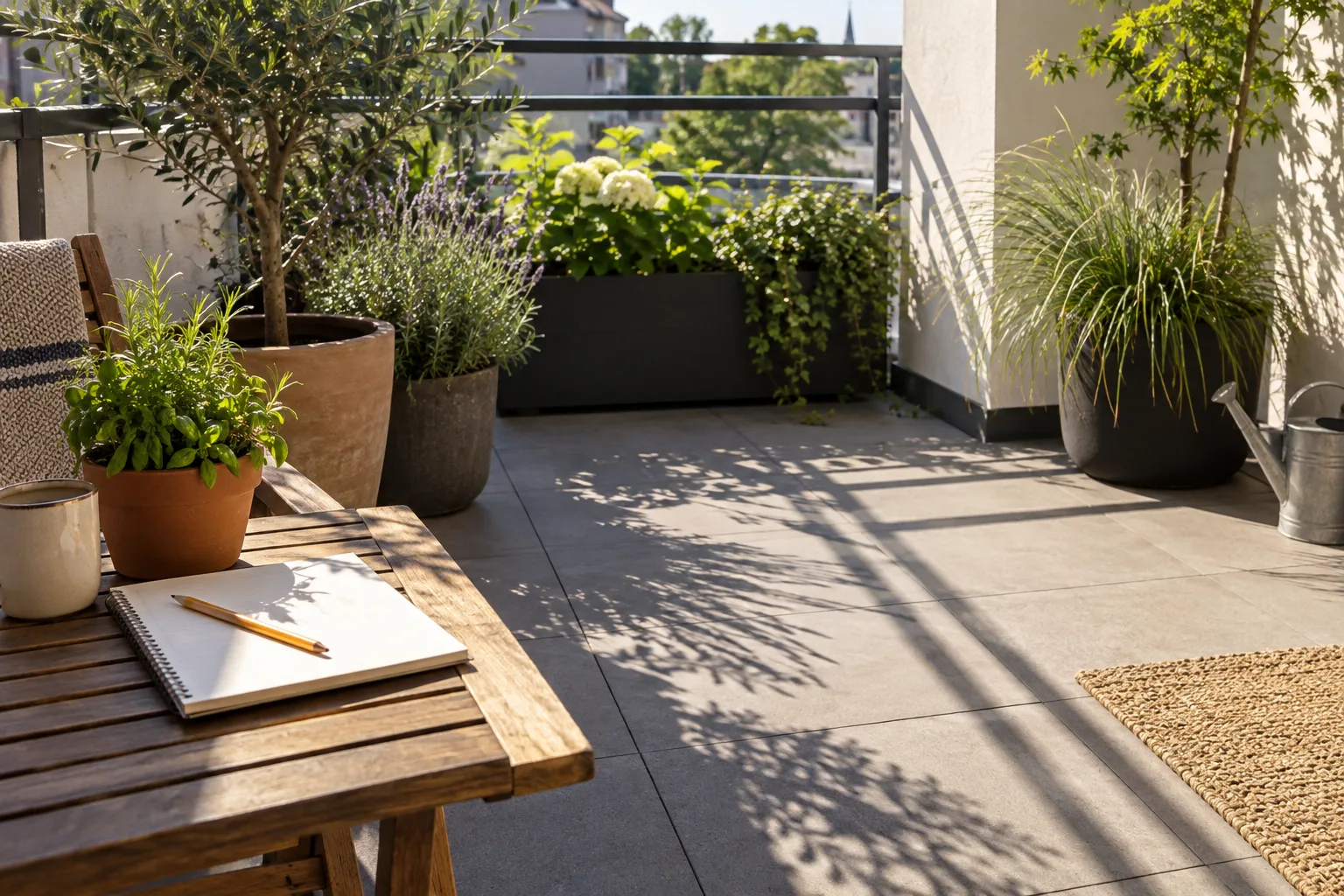 Recording direct sun hours in a notebook on a balcony with herbs and an olive tree