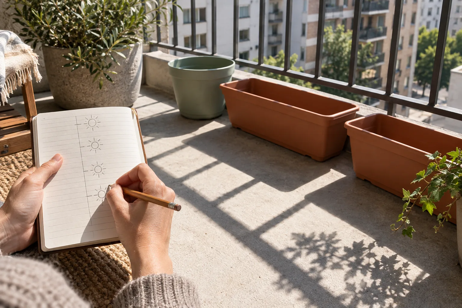 Sketching sun hours in a notebook beside empty balcony planters before choosing plants