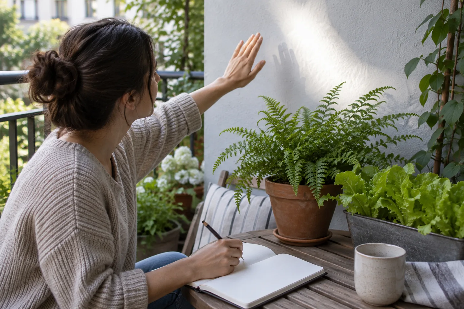 Checking how much direct sun reaches a shady balcony corner and recording it in a notebook