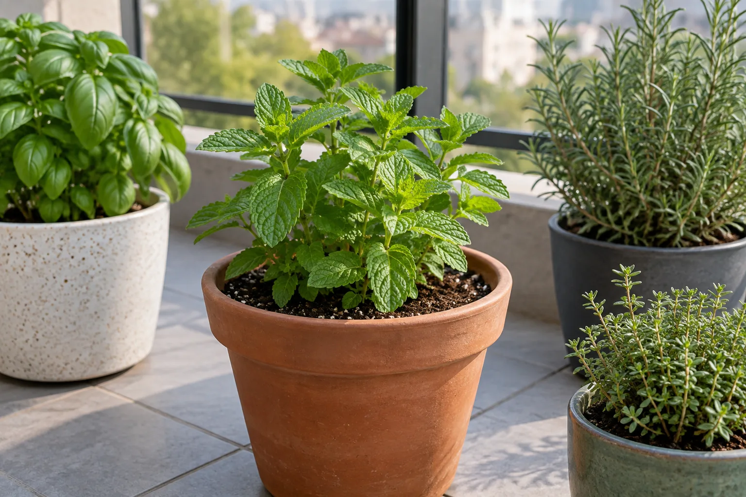 A mint plant growing alone in its own terracotta pot, separate from other herbs