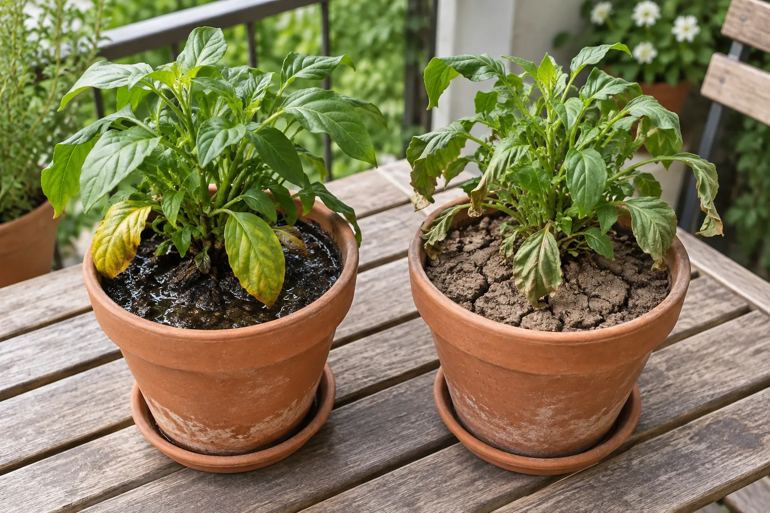 Two potted balcony plants compared side by side: one overwatered with soggy soil and yellow leaves, one underwatered with cracked dry soil and crisp brown leaves
