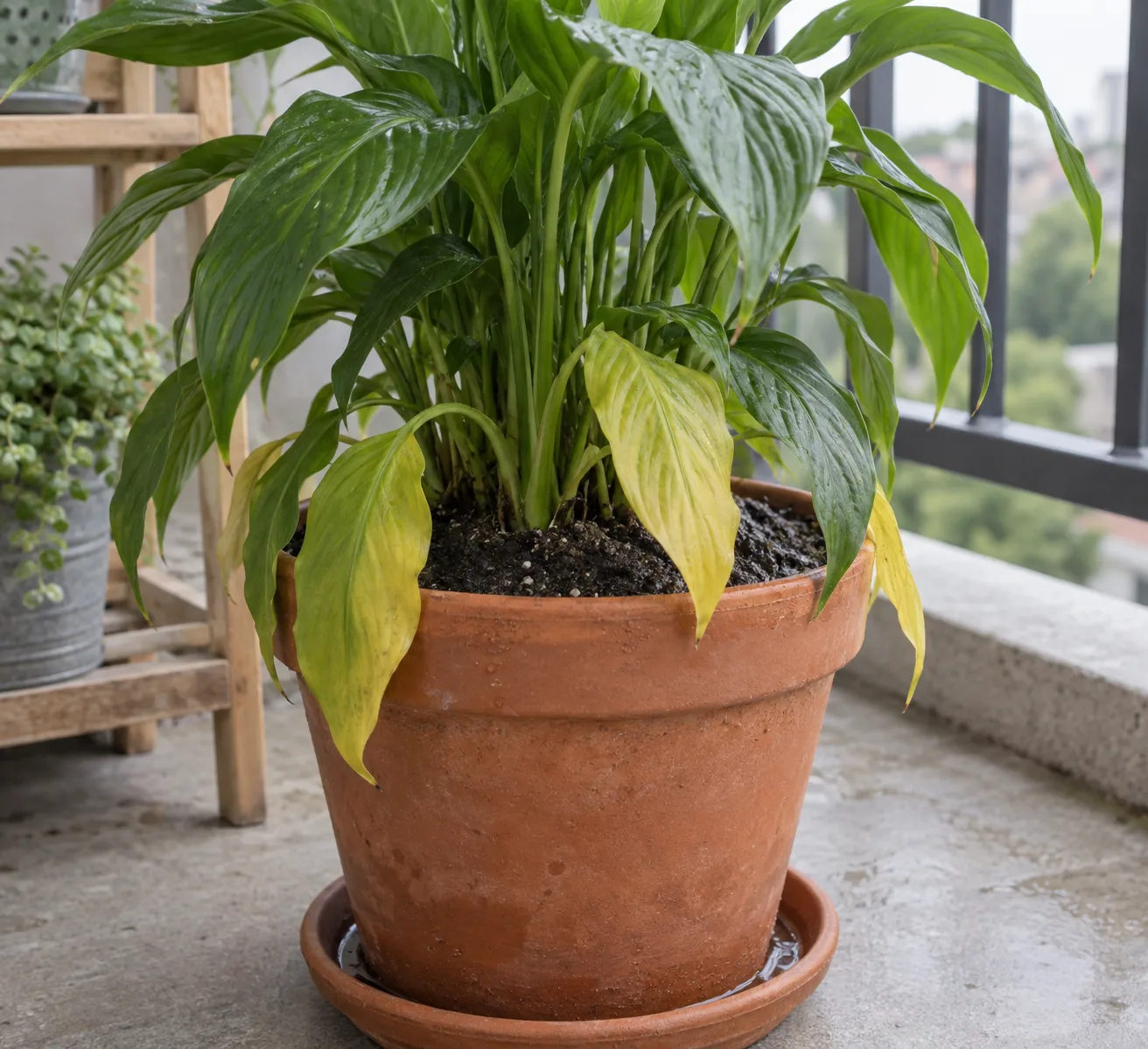 A balcony plant with yellowing lower leaves and waterlogged soil, a sign of overwatering