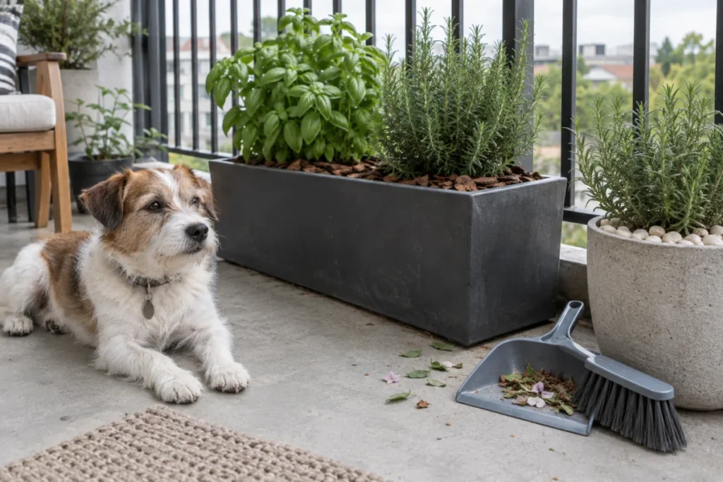 Small dog resting near pet-safe herbs while fallen leaves are swept from a balcony