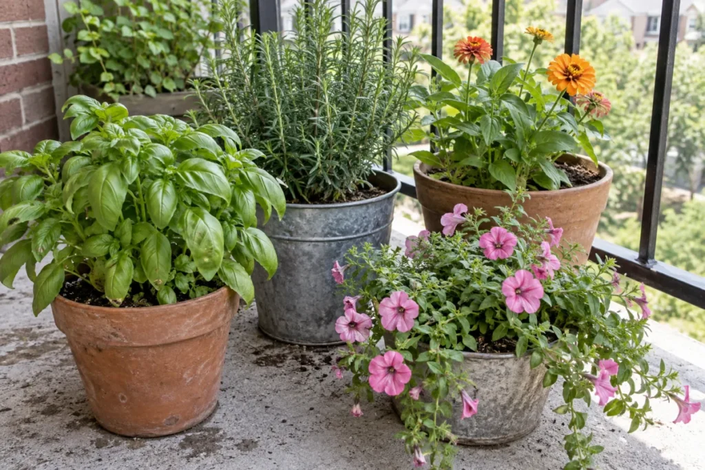 Potted basil, rosemary, petunias, and zinnias grouped on a balcony