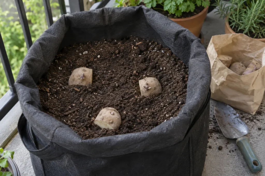 Seed potato pieces spaced on potting mix inside a fabric grow bag